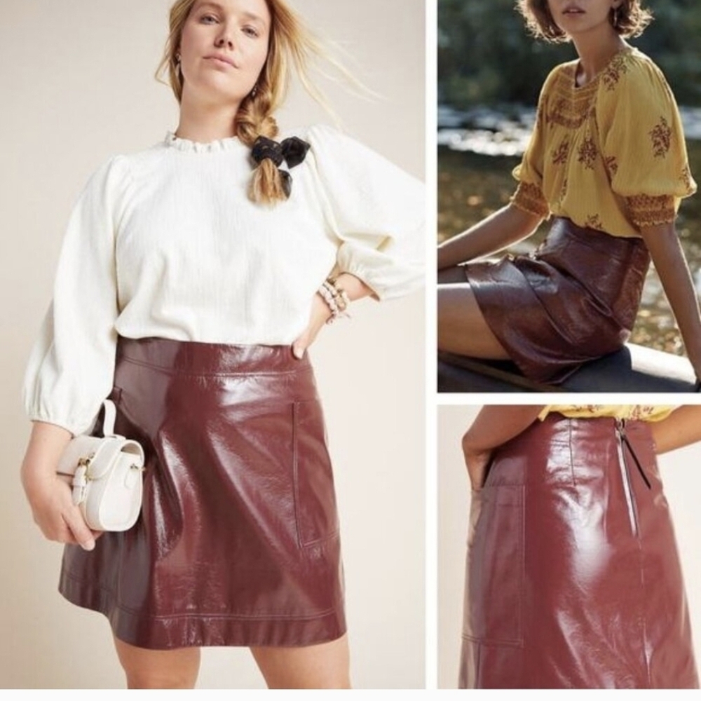 NWT MAEVE Anthropologie Faux Patent Leather Skirt Size 14 Wine Red Skirt Pockets